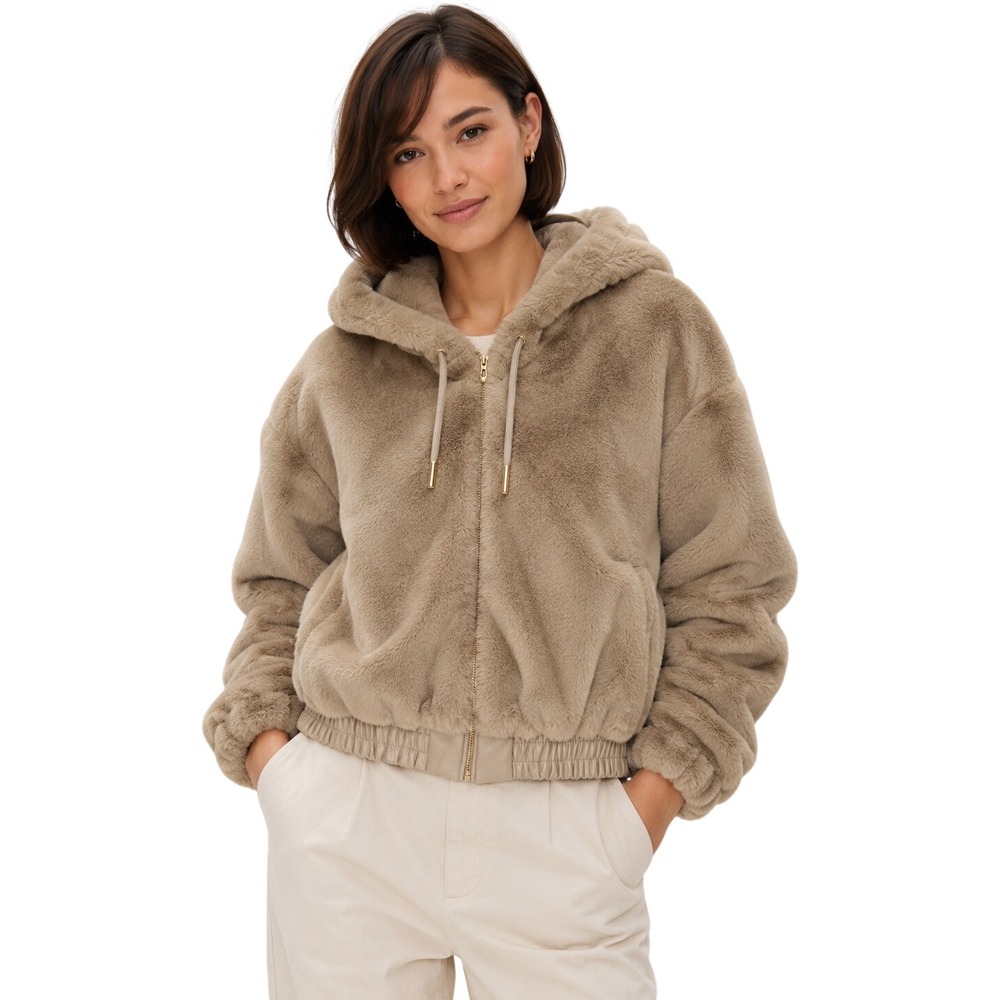 Truth By Republic Faux Fur Teddy Hoodie Jacket Taupe L Quiet Luxury Cozy Core